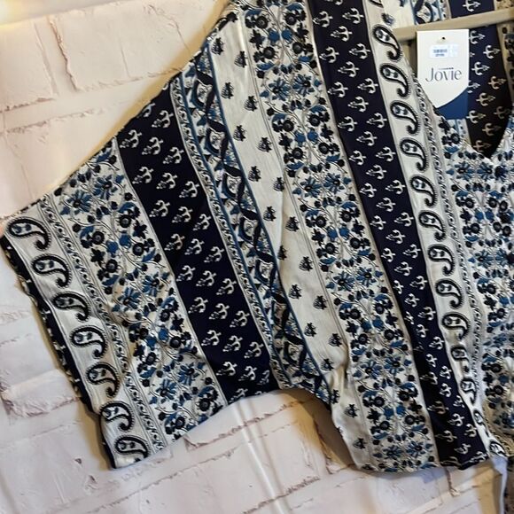 Jovie Front Tie Blue Paisley Button up V Neck Blouse - Picture 8 of 10